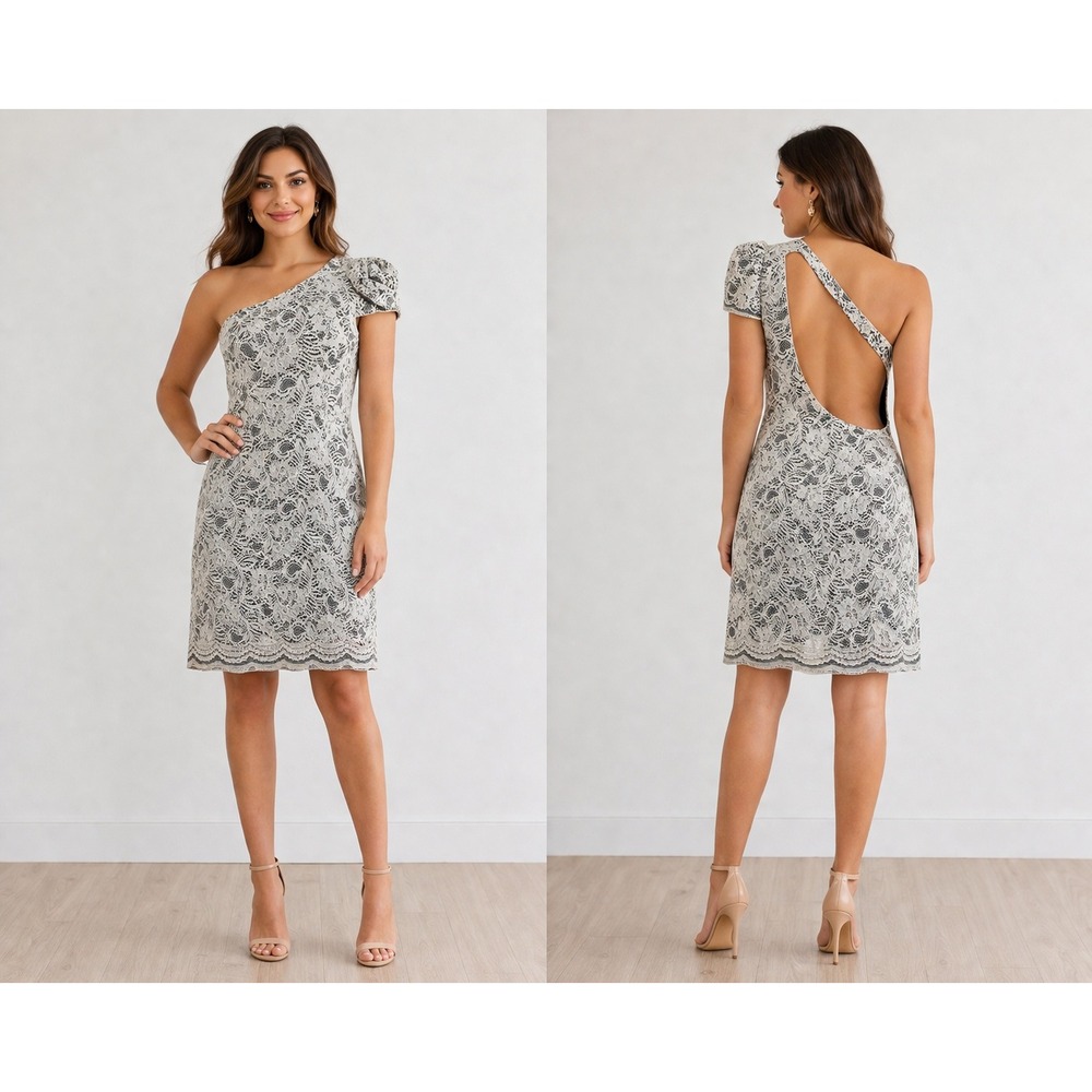 ABS Allen Schwartz Lace Rosette Dress Open Back Cocktail Glam Romantic‎ Luxe Sz6